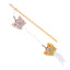 A wooden butterfly cat toy with a light natural wood rod, two butterfly charms, a string, and a white feather on a plain white background.