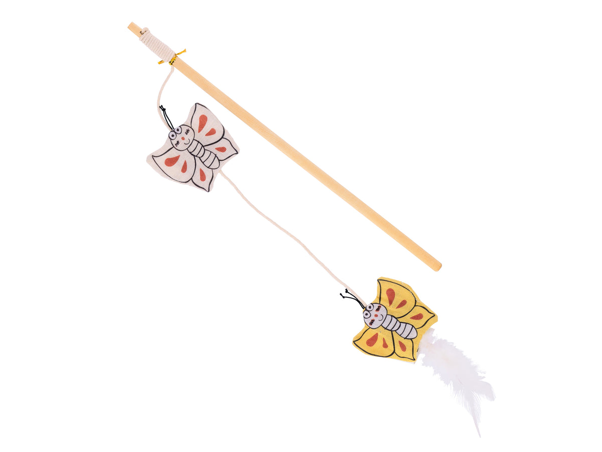A wooden butterfly cat toy with a light natural wood rod, two butterfly charms, a string, and a white feather on a plain white background.
