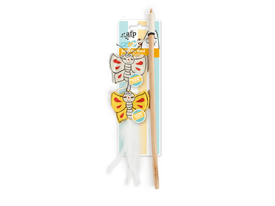 A packaged cat toy consisting of a wooden stick with white feathers and two butterfly-shaped plush toys in yellow, orange, and white, on a light blue and yellow backing card.