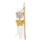 A wooden butterfly cat toy with a light natural wood rod, two butterfly charms, a string, and a white feather on a plain white background.