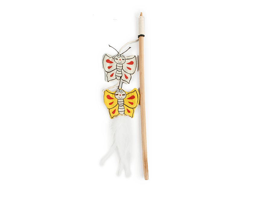 A wooden butterfly cat toy with a light natural wood rod, two butterfly charms, a string, and a white feather on a plain white background.
