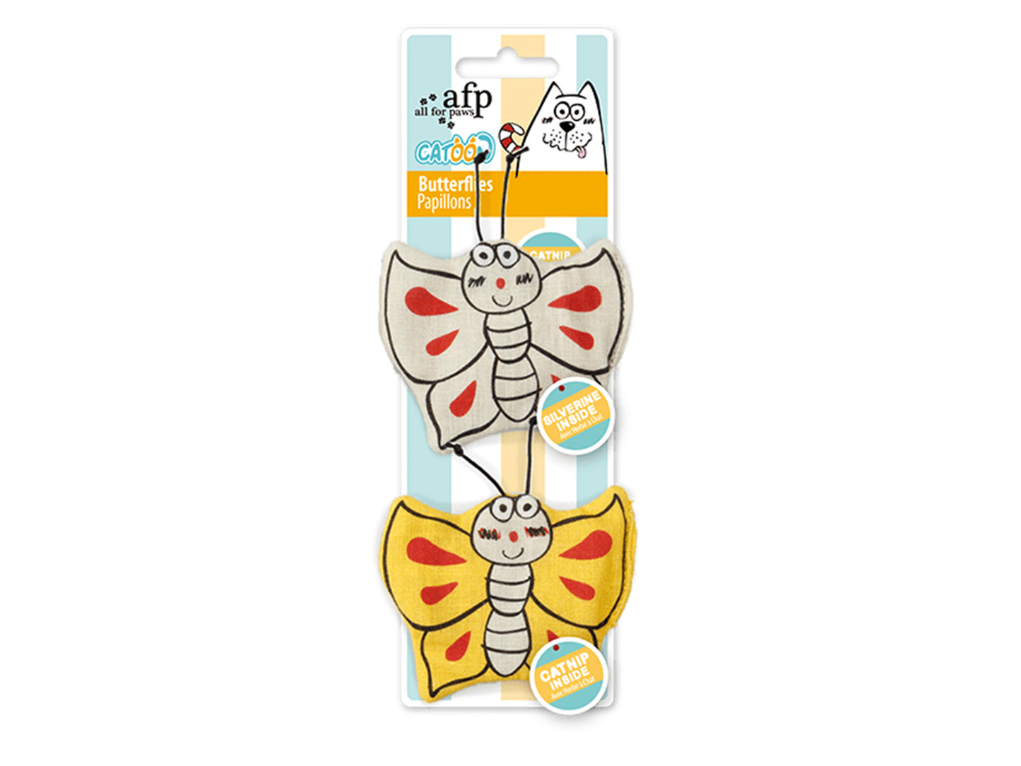A package of two AFP butterfly cat toys,featuring one white and red butterfly and one yellow and orange butterfly, on a white background.