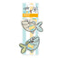 A set of two cartoon shark-shaped cat toys packaged on a vertical cardboard backing with light blue and yellow stripes. The top toy is light blue with a yellow belly patch, and the bottom toy is light green with a yellow belly patch.