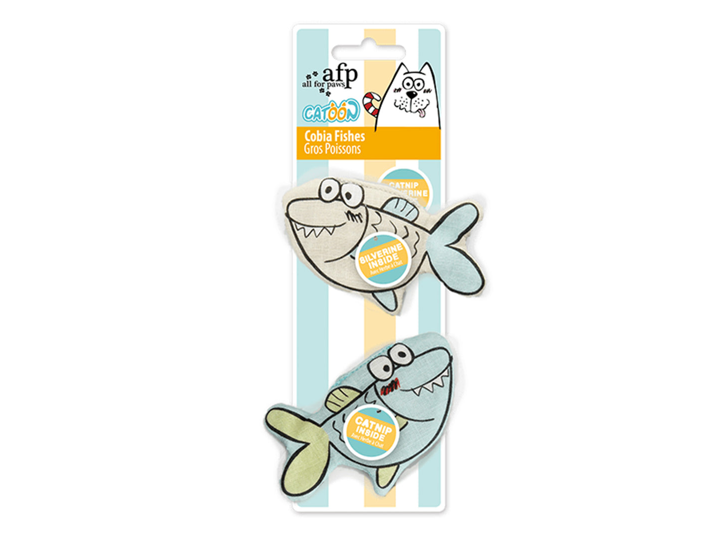 A set of two cartoon shark-shaped cat toys packaged on a vertical cardboard backing with light blue and yellow stripes. The top toy is light blue with a yellow belly patch, and the bottom toy is light green with a yellow belly patch.
