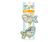 A set of two cartoon shark-shaped cat toys packaged on a vertical cardboard backing with light blue and yellow stripes. The top toy is light blue with a yellow belly patch, and the bottom toy is light green with a yellow belly patch.
