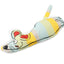 A fabric cat toy with a striped pattern in yellow, light blue, and beige, featuring a cartoon mouse face on the front, set against a plain white background.