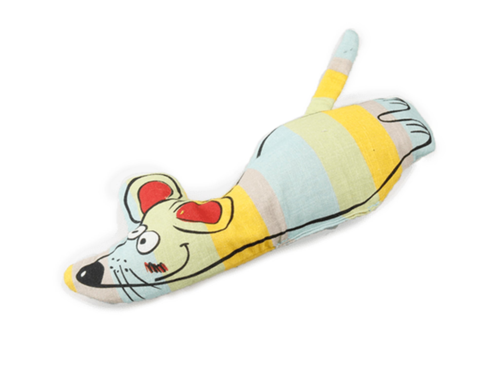 A fabric cat toy with a striped pattern in yellow, light blue, and beige, featuring a cartoon mouse face on the front, set against a plain white background.