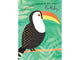Birthday card with a toucan illustration and text on a green leafy background