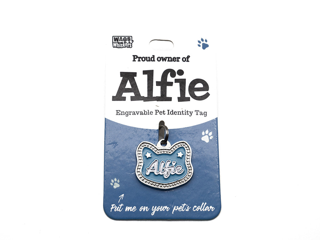 Engravable pet identity tag for Alfie on a blue card with Wag Whiskers branding.