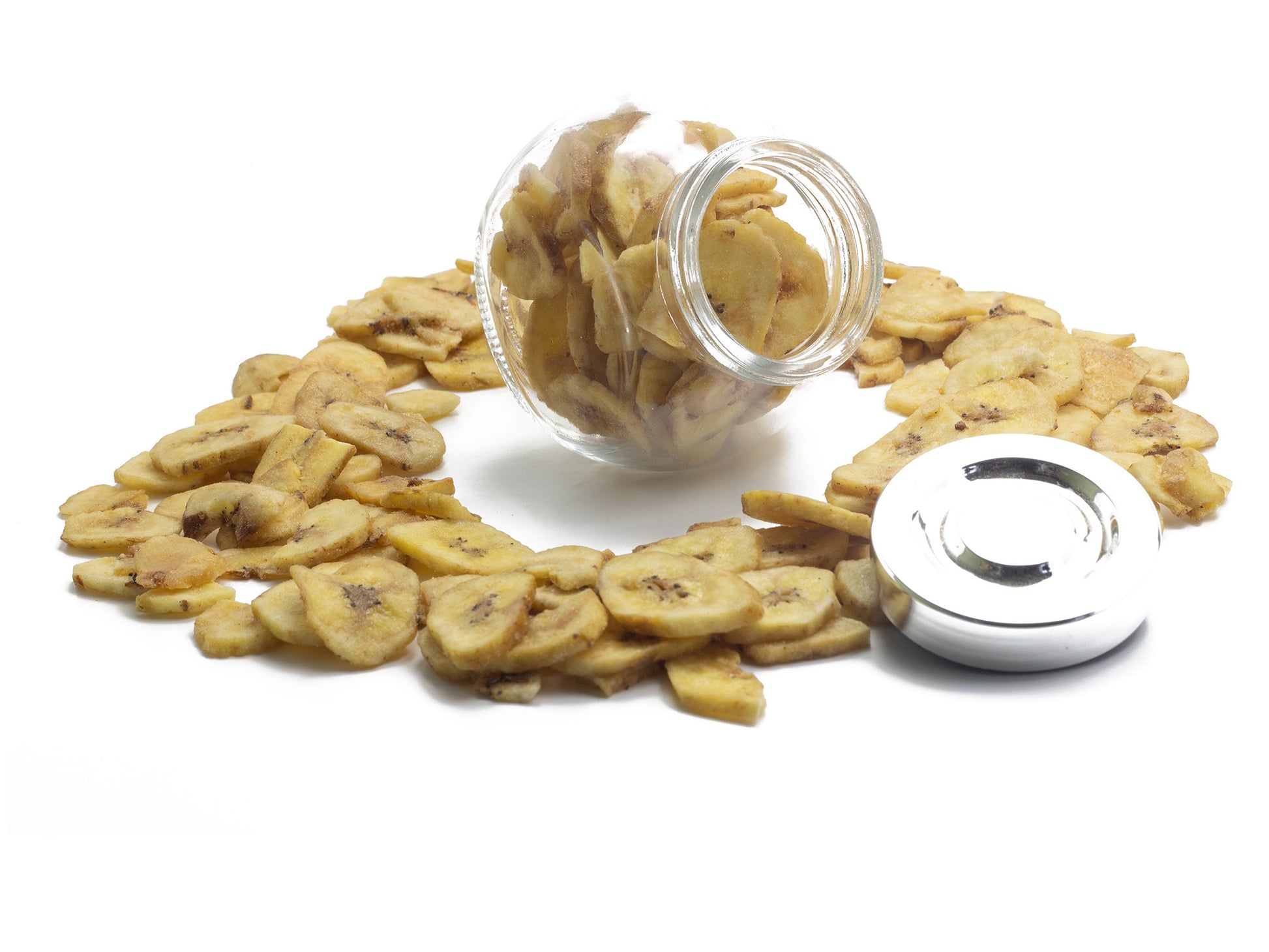 A jar filled with dried banana slices