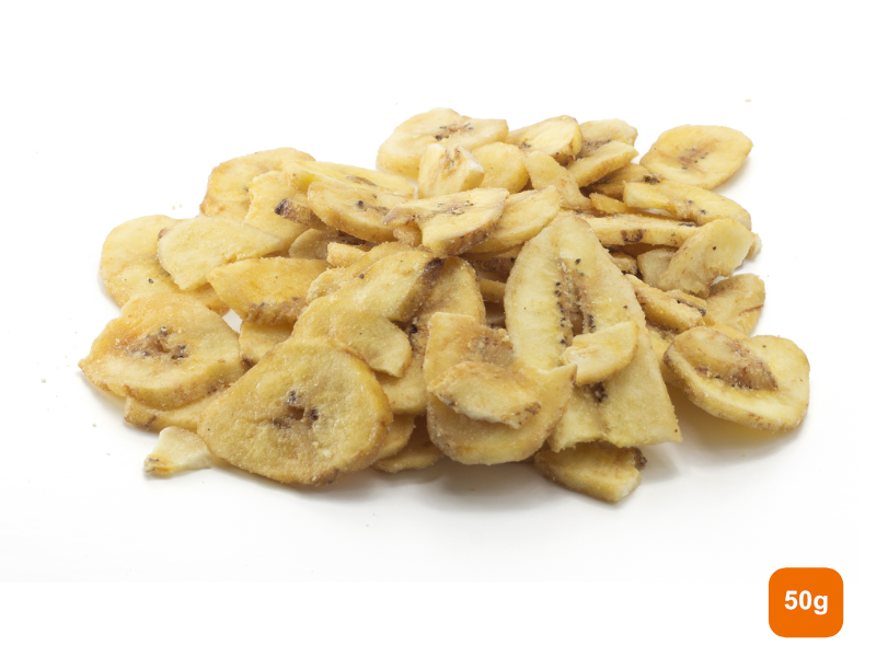 A pile of dried banana slices 50g