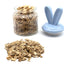 Glass jar with beech chips, a small pile of beech chips on a white background, and a blue rabbit-shaped lid.