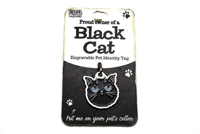 Engravable pet identity tag for black cats on a white background