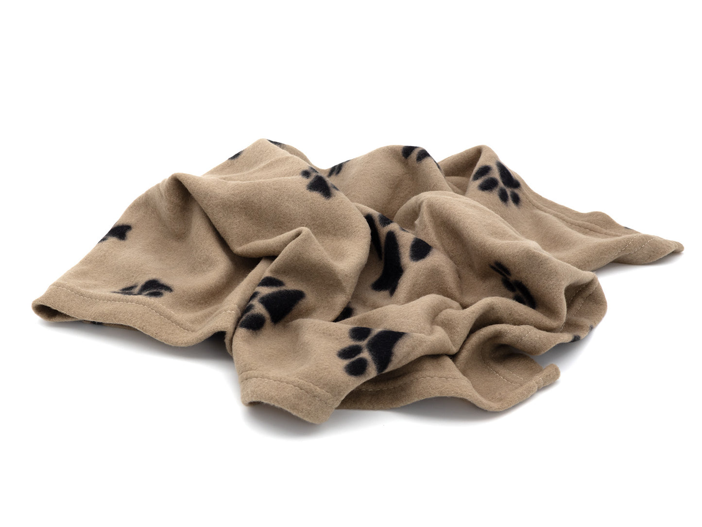 Beige blanket with black paw prints on a white background