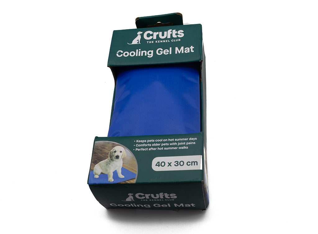 Cooling gel mat packaging with Crufts branding on a white background