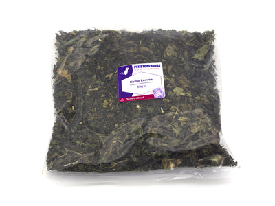 Bag of dried nettle leaves with a label on a white background