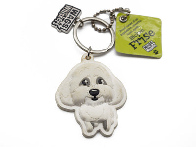 Dog-shaped keychain with a tag on a white background