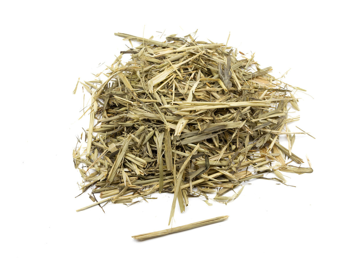 Pile of natural dried green oat stems on a white background, small animal forage treat