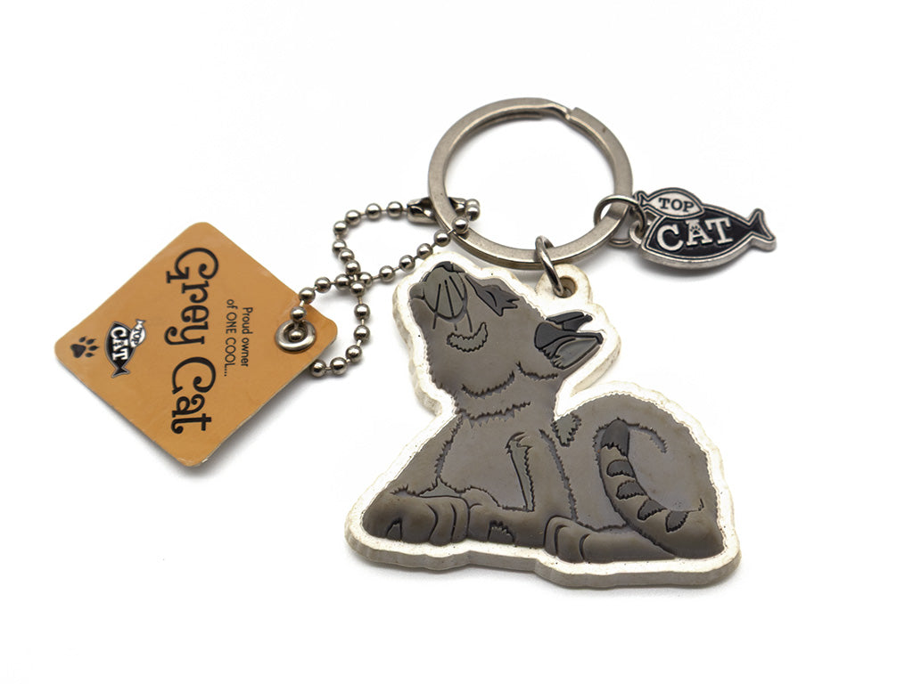 Keychain with a cat design and 'Grey Cat' tag on a white background