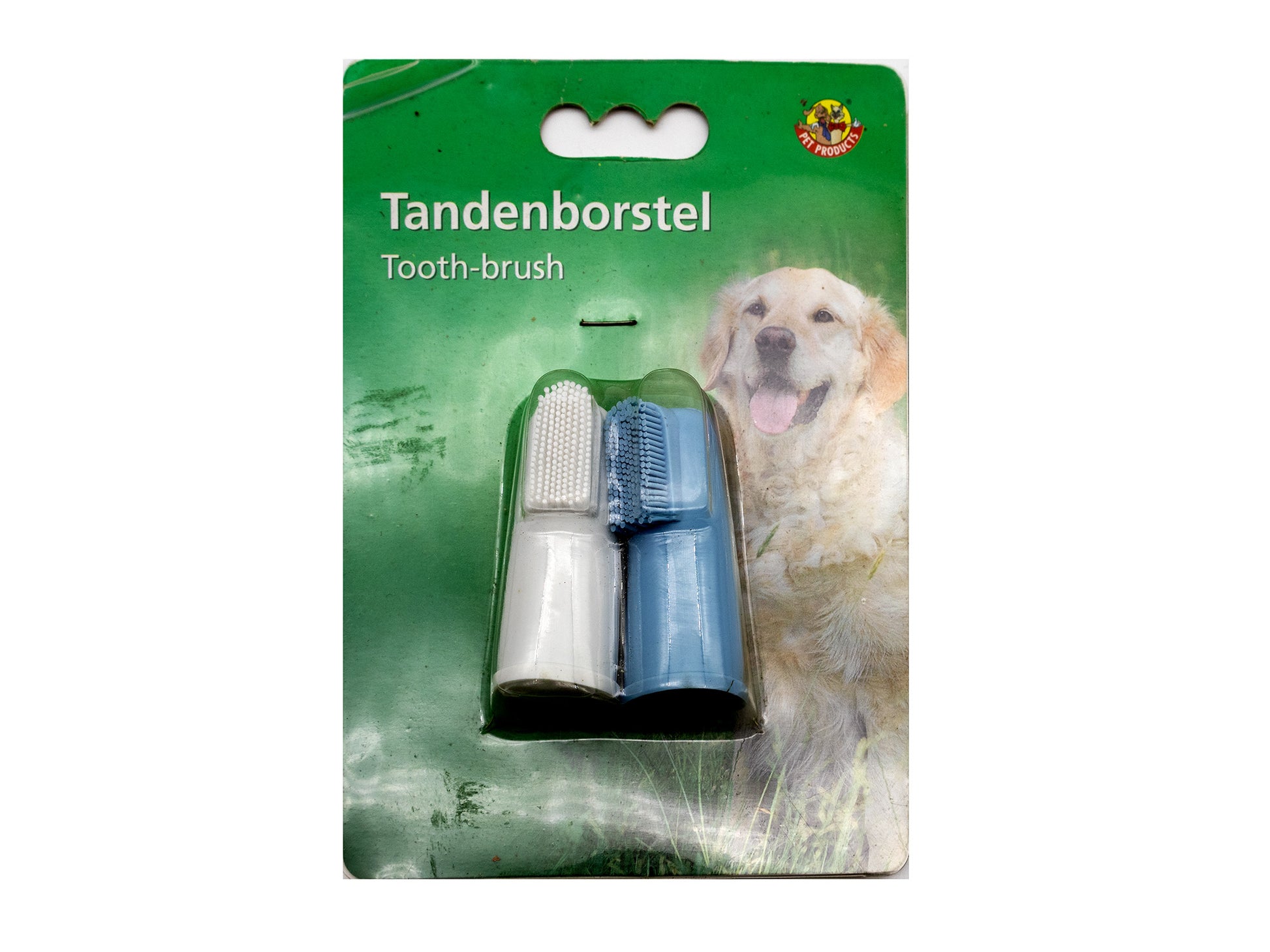 A package of two dog tooth brushes in a green blister card with a picture of a golden retriever. The tooth brushes are white and blue, and the packaging has German text 'Tandenborstel' and 'Tooth-brush'.
