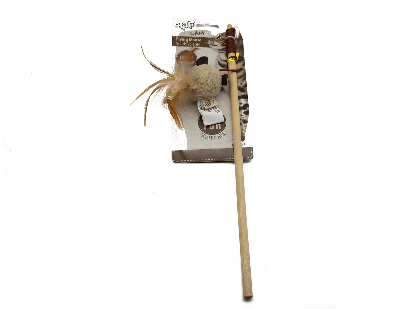 A cat wand toy with a long light wood stick, a small plush mouse, and a feather, attached to a cardboard hanger. The hanger has the brand name 'Lark' visible at the top.