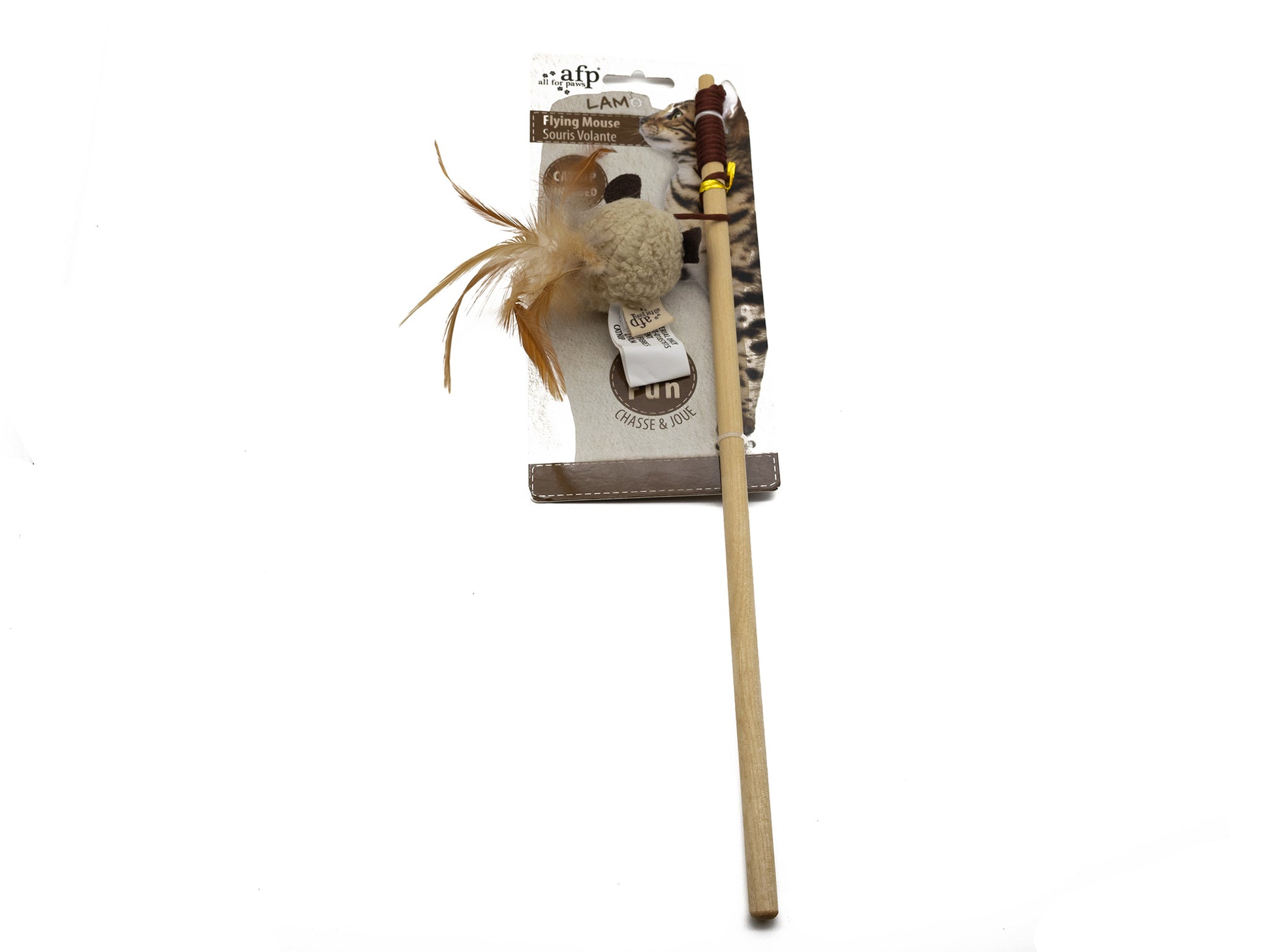 A cat wand toy with a long light wood stick, a small plush mouse, and a feather, attached to a cardboard hanger. The hanger has the brand name 'Lark' visible at the top.