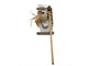 A cat wand toy with a long light wood stick, a small plush mouse, and a feather, attached to a cardboard hanger. The hanger has the brand name 'Lark' visible at the top.