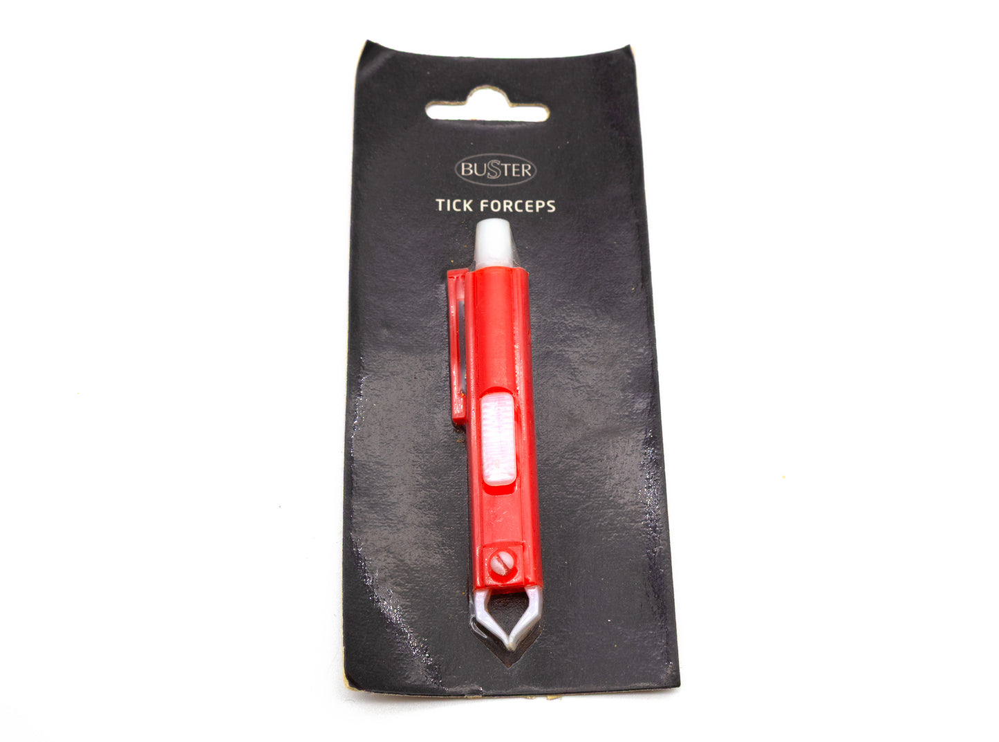 Buster Tick Forceps in red and white, packaged on a black cardboard backing with the brand name 'BUSTER' and product name 'TICK FORCEPS' printed at the top.