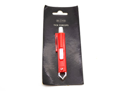 Buster Tick Forceps in red and white, packaged on a black cardboard backing with the brand name 'BUSTER' and product name 'TICK FORCEPS' printed at the top.
