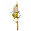 A handmade wooden wand or broomstick decoration featuring two colorful painted butterflies (one yellow and one pinkish-orange) with a white fluffy feather attached near the base, shown on a white background with its retail packaging tags.