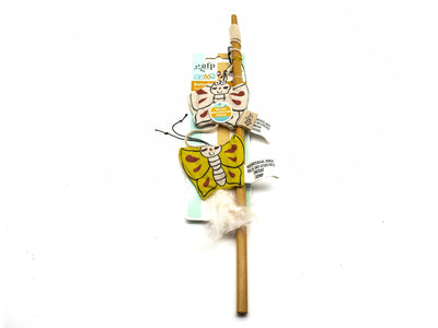 A handmade wooden wand or broomstick decoration featuring two colorful painted butterflies (one yellow and one pinkish-orange) with a white fluffy feather attached near the base, shown on a white background with its retail packaging tags.