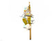 A handmade wooden wand or broomstick decoration featuring two colorful painted butterflies (one yellow and one pinkish-orange) with a white fluffy feather attached near the base, shown on a white background with its retail packaging tags.
