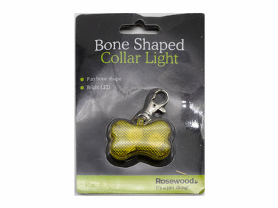 A bone-shaped dog collar light in a textured yellow-green finish, packaged on a black backing card with the brand name Rosewood.