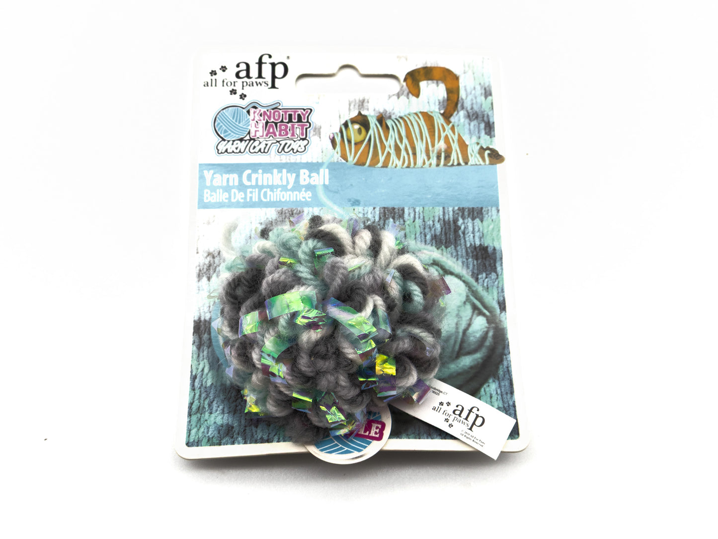 A packaged afp All For Pets Yarn Grinky Ball in gray and green, shown on its retail blister card against a white background.