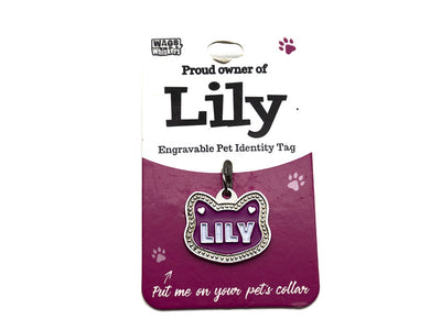 Engravable pet identity tag for Lily on a purple card with Wag Whiskers branding.