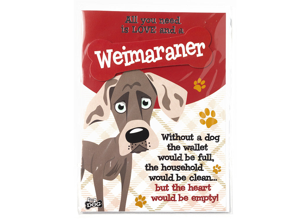 Card with a Weimaraner dog illustration and humorous text on a white background