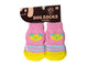 Pink dog socks with cartoon face design on a white background