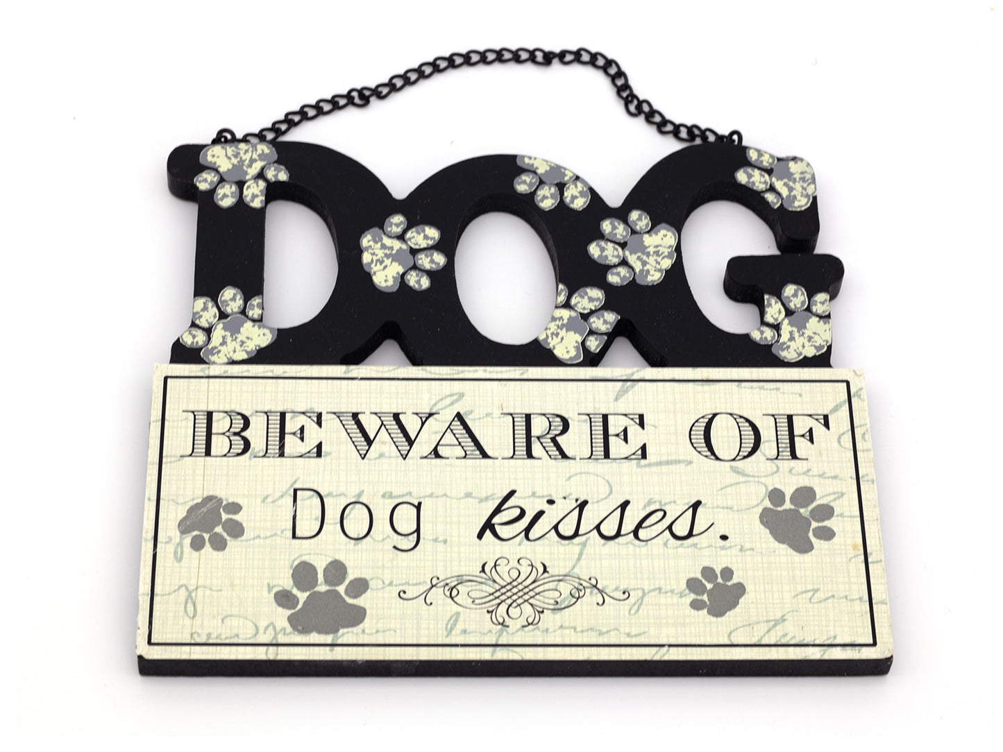 Decorative sign with 'Beware of Dog Kisses' text and paw prints on a white background