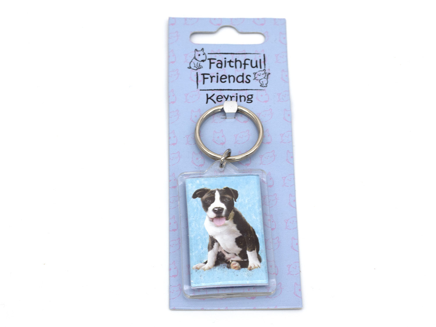 Keychain with a dog design on a 'Faithful Friends' branded card