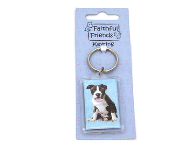 Keychain with a dog design on a 'Faithful Friends' branded card