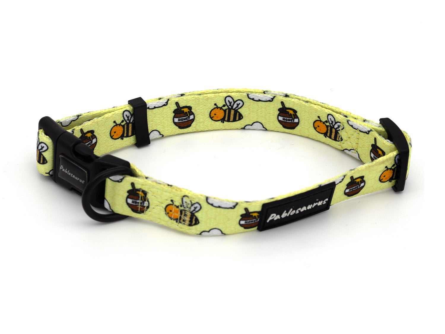 Dog collar with bee pattern on a white background