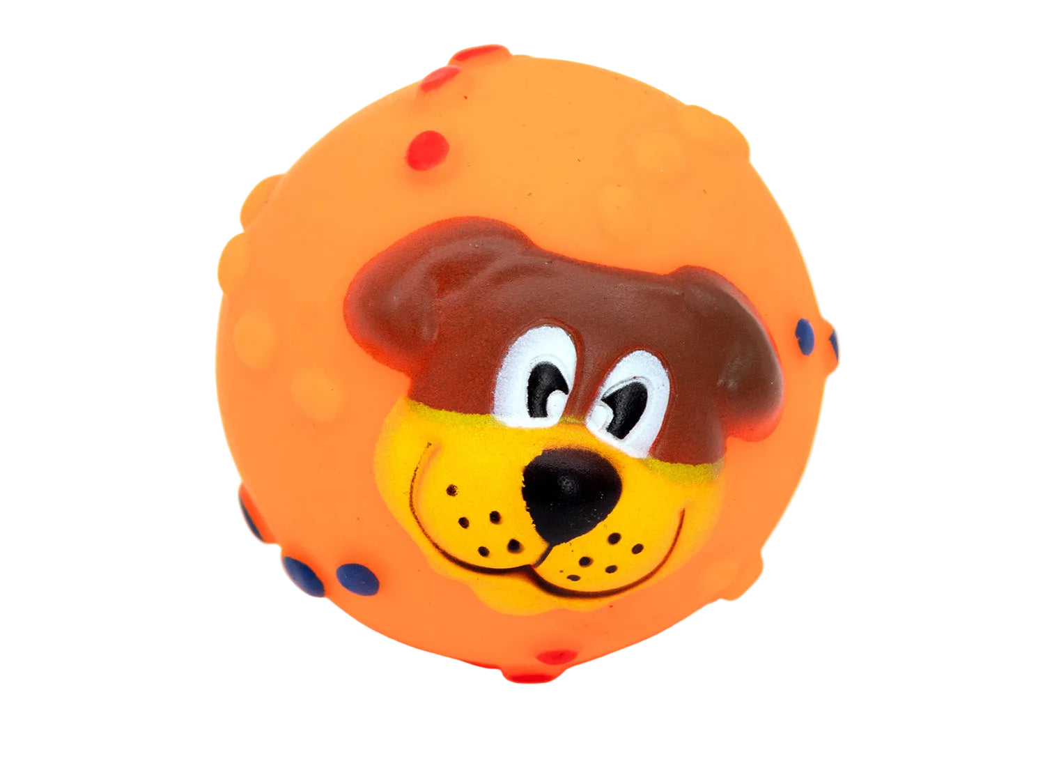 Orange ball with a cartoon dog face on a white background