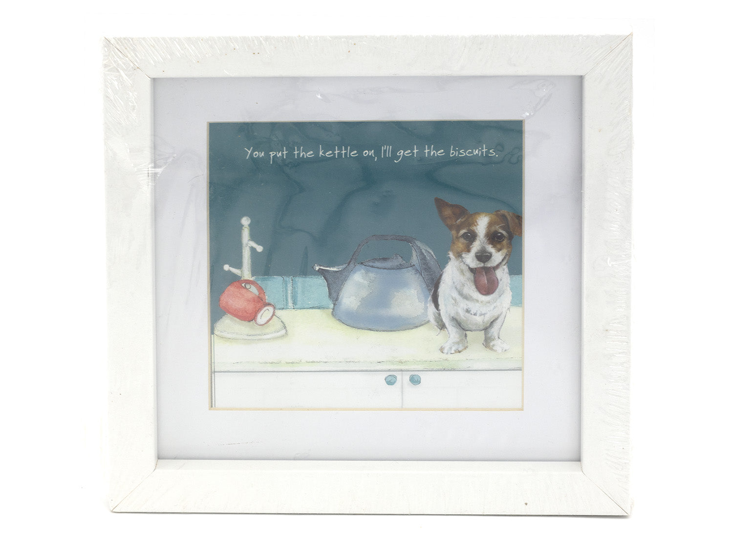 Framed artwork with a dog and kettle illustration and text.