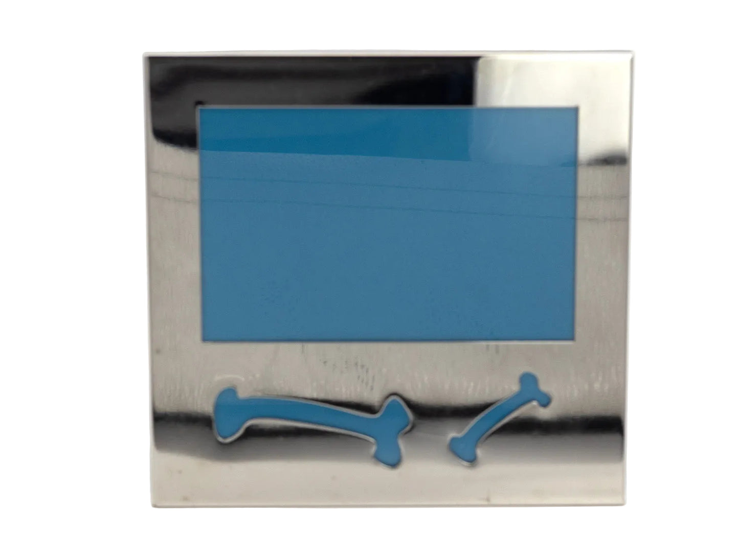 Metallic photo frame with blue accents on a white background