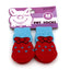 Red and blue pet socks with a bow design on a purple packaging label.