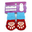 Pair of red pet socks with paw design on a purple card with size chart