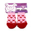 Pink pet socks with red hearts on a purple packaging label