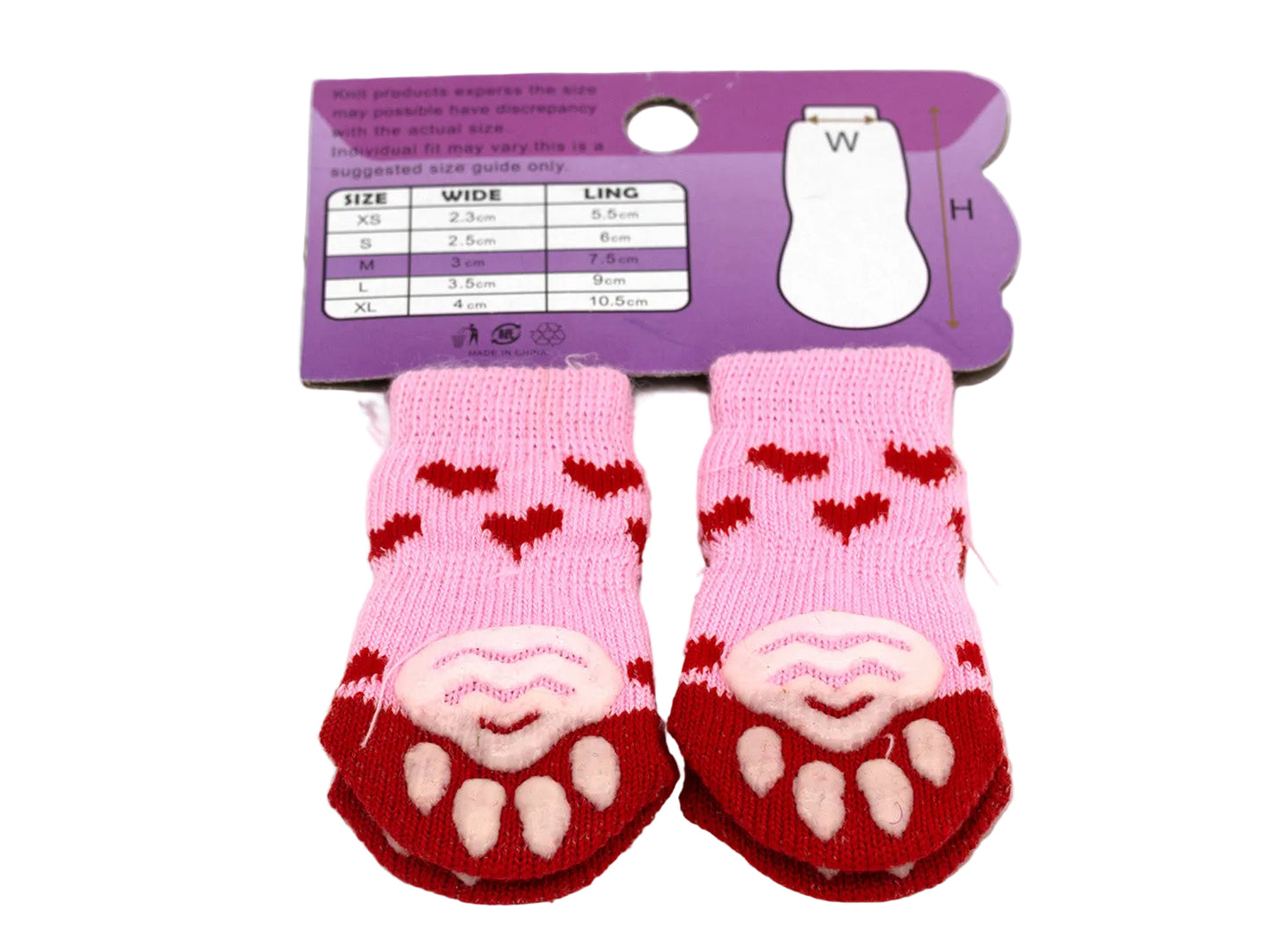 Pair of pink and red pet socks with heart patterns on a white background