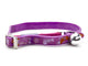 A pink cat collar with a printed pattern of fish, stars, and bones, featuring a silver metal buckle and a silver bell.