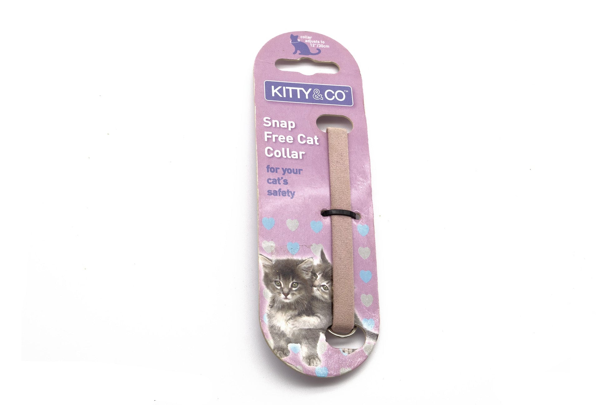 Kitty Co Snap Free Cat Collar in its original pink blister packaging, featuring a cat photo and product details on a white background.